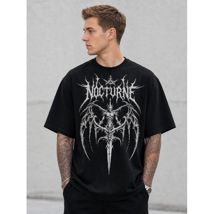 T-shirt nera oversize da uomo con grafica di band metal gotica, maglietta in cotone a maniche corte con girocollo per stile streetwear e da concerto