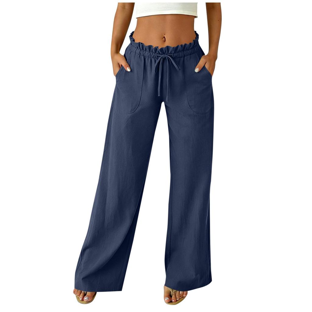 Women's Casual Relaxed Fit High-Waisted Belted Pocket Cotton-Linen Blend Trousers