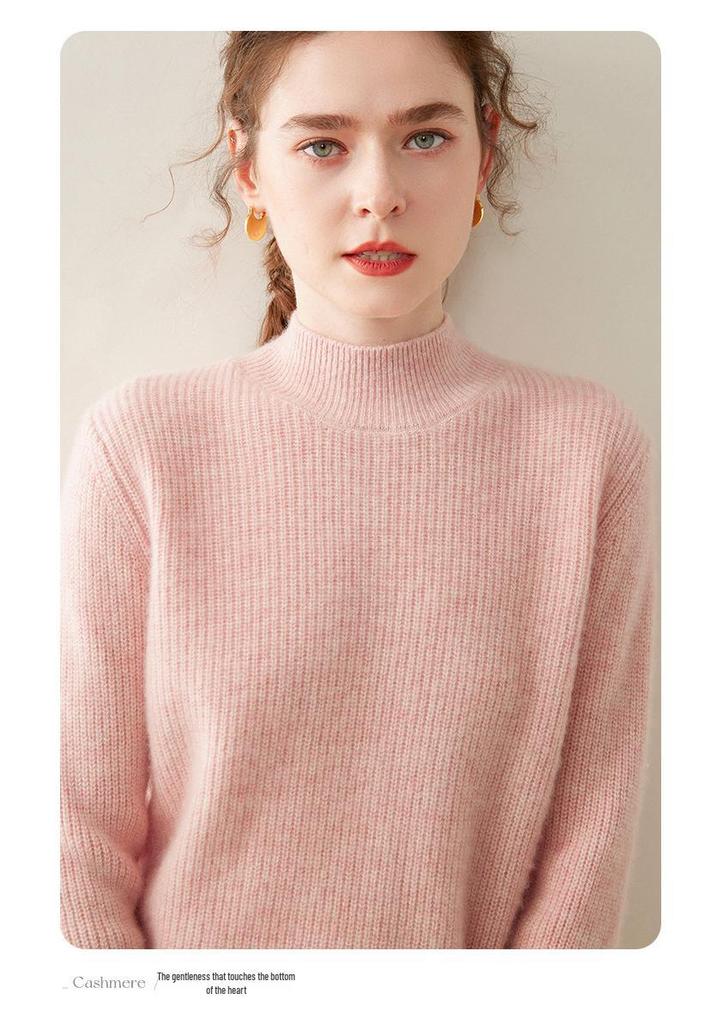 Women's Cashmere Knitwear: Coin Stitch Half-High Collar, Solid Color, Thick Loose Base Layer Sweater for Autumn and Winter.