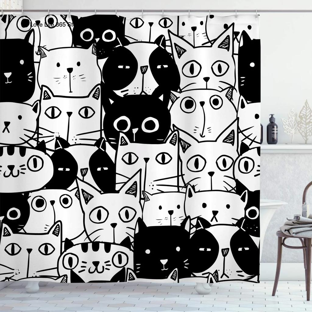 Cute Cat Pattern Shower Curtain - Fun Cartoon Design for Playful Bathroom Décor, Waterproof, Easy Care & Soft Fabric