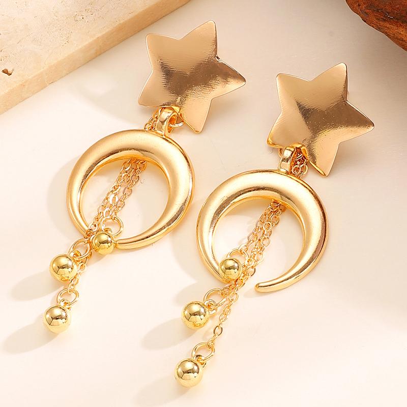 

Vintage Metal Star Moon Tassel Pendant Earrings for Women Exaggerated Chain Ball Long Drop Earrings Street Auction Zircon Gifts золотий