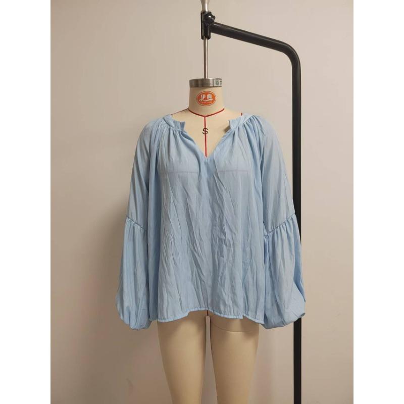 Women Casual Loose Bohemian Style V Neck 3 4 Sleeve Lantern Sleeve Shirt