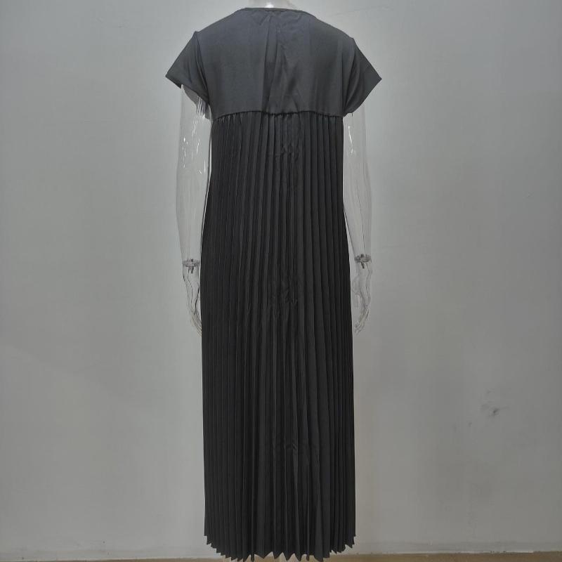 Summer Fashion Solid Plus Size Dress Women Round Neck Short Sleeve Loose Pleated Casual Dresses Women Elegant Vintage Simple Slim Ladies Dress 25546