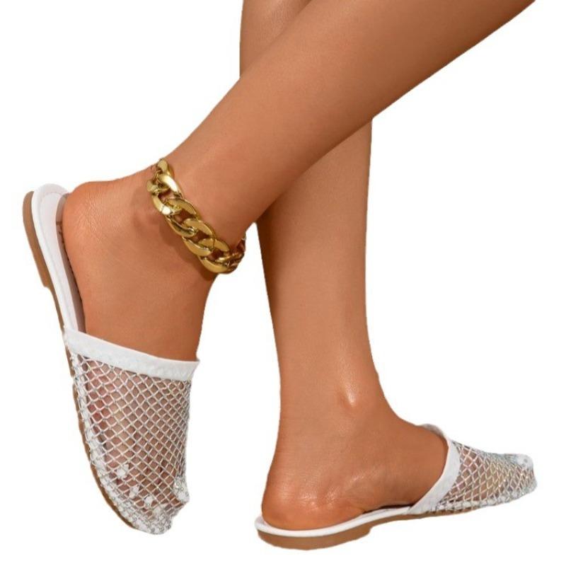 2026 New Women's Closed Toe Slippers Breathable Rhinestone Fishnet Flat Beach Roman Shoes