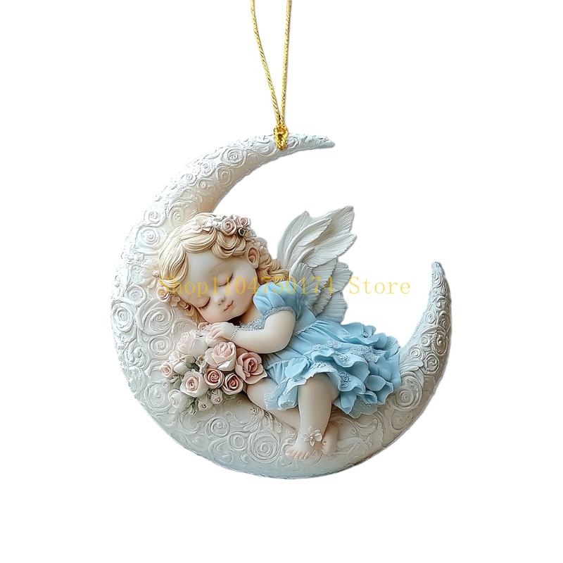 Festives 2D Angel Baby On Moon Design Acrylic Pendant Auto Decors Creative Holiday Present top sale
