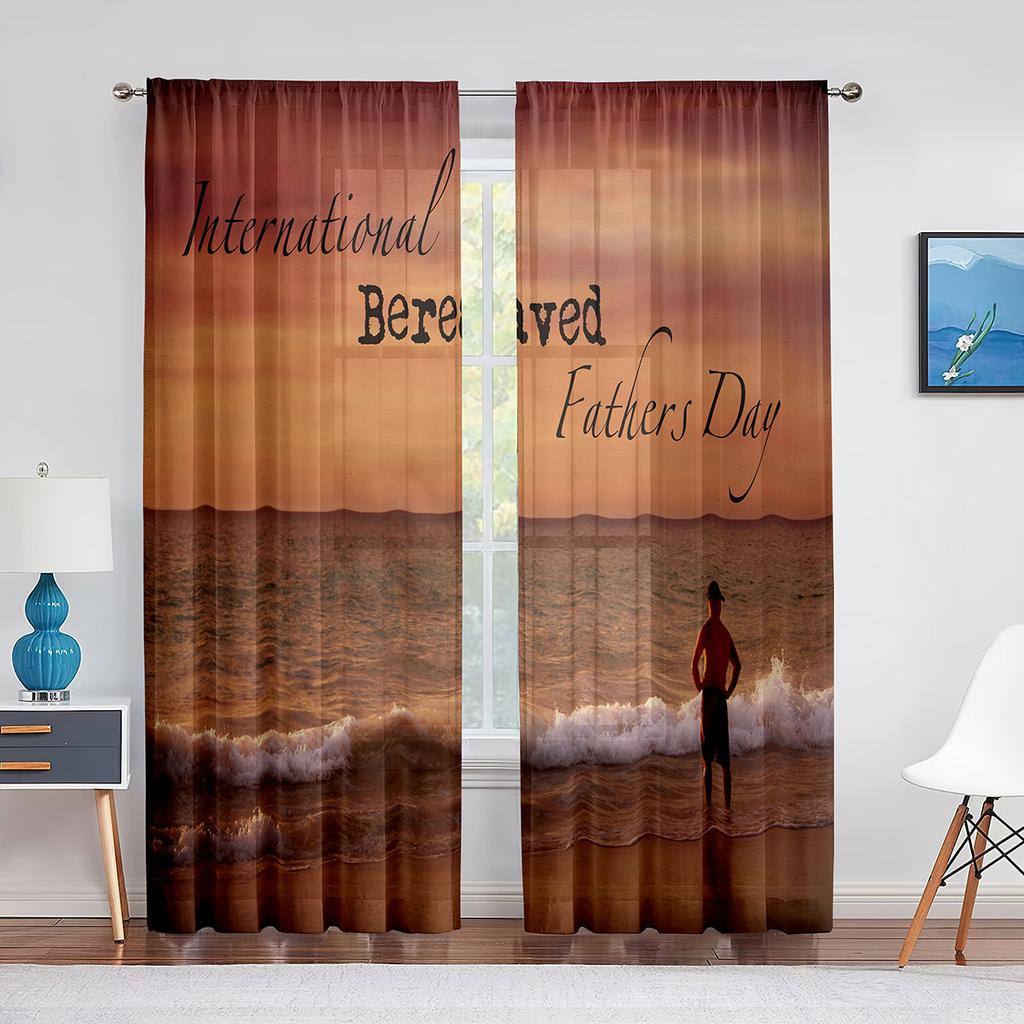 Happy Father‘s Day Sheer Voile Curtain Ocean Beach Sunset Kids Silhouettes Window Tulle Curtains for Living Room Bedroom Decor