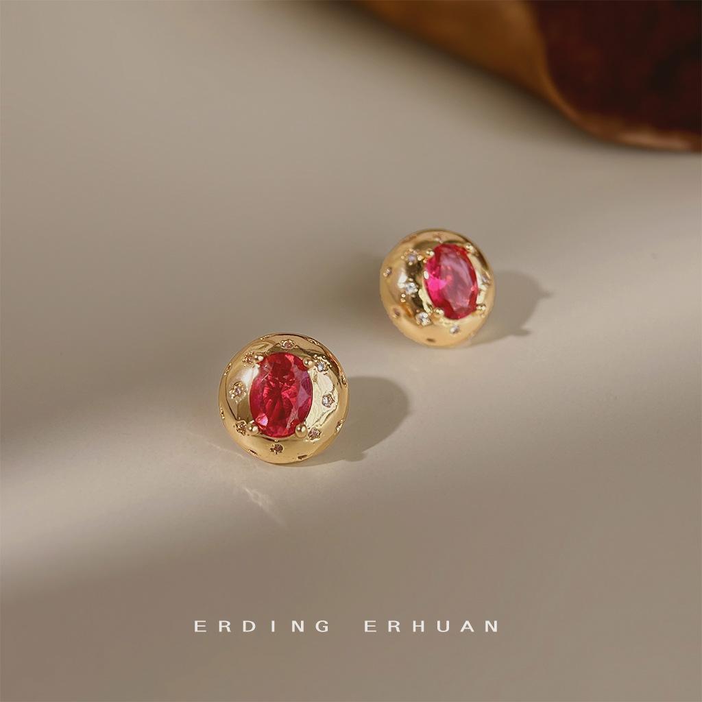 French court style inlaid rose red zircon stud earrings plated with 14K oval geometric ear jewelry