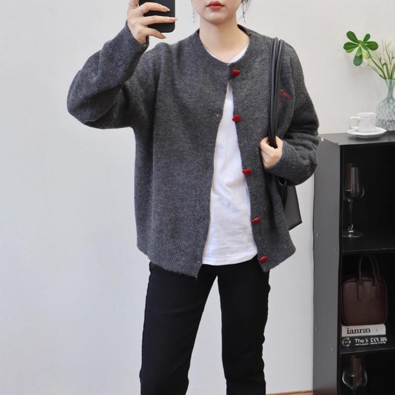 Embroidered Crew Neck Gray Knitted Cardigan Autumn and Winter New Loose Lazy Wind Soft Waxy Sweater Jacket Women