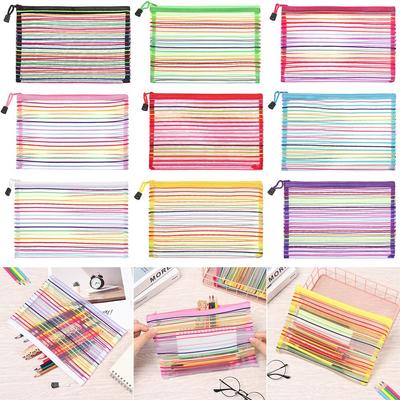 Solid Color Cosmetic Nylon Stationery Makeup Zipper Pencil Case Grid Mesh Pen Bag Cosmetic Storage