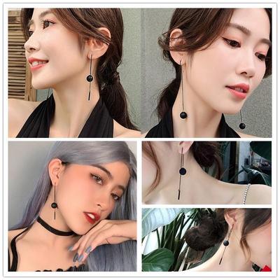 1pair New Long Tassels Black Joker Contracted Metal Ball Drop Earrings Women Temperament Weddings Jewelry Gift