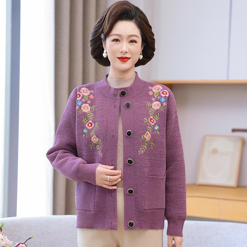 Autumn and Winter Knitwear: Fleece-Lined Cardigan for Middle-Aged and Elderly Women, Featuring Grandma Sweater and Mom's Outfit Styles.