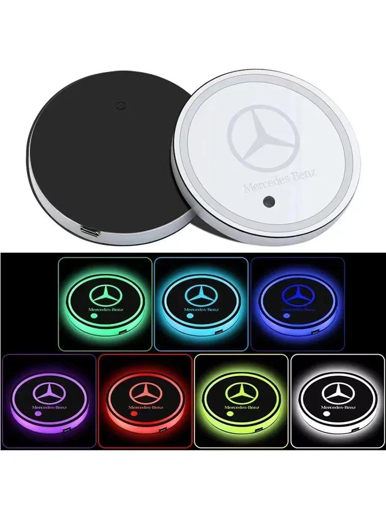 2pcs Interior Light Coaster LED Illuminated Car Water Cup Coaster For Mercedes Benz B/C/E/S Class A Class C200L GLC GLE CLA