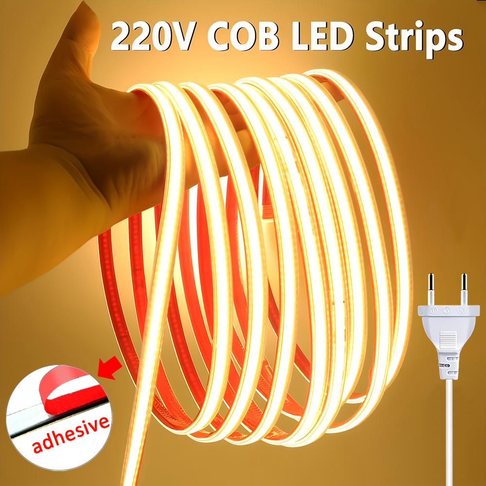 Led Strip 220V Self-adhesive COB Led Strip Lights No Need Driver Flexible Ribbon for Room Kitchen