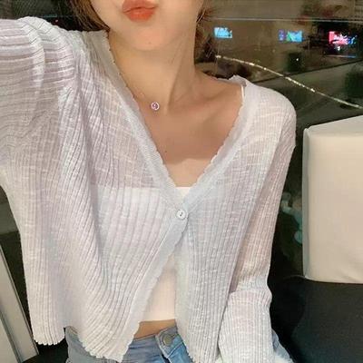 Summer Women Thin V-Neck Knitted Cardigan Single-breasted Ice Silk Air-conditioning Shirt Outside Sunscreen Top