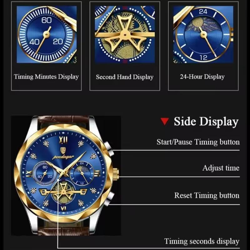 POEDAGAR Luxus-Armbanduhr für Herren Sport Leder Quarz-Uhr Wasserdicht Leuchtend Chronograph Uhren Männliche Uhr Reloj+Box