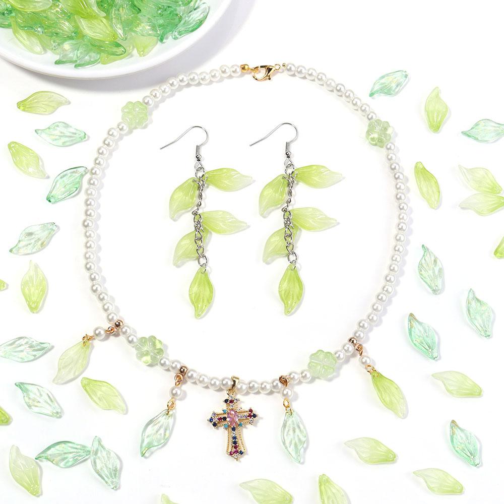 50Pcs Green Transparent Leaf Glass Beads Charms 9.5X20mm Loose Spacer Beads For Jewelry Making DIY Bracelet Earrings Accessories