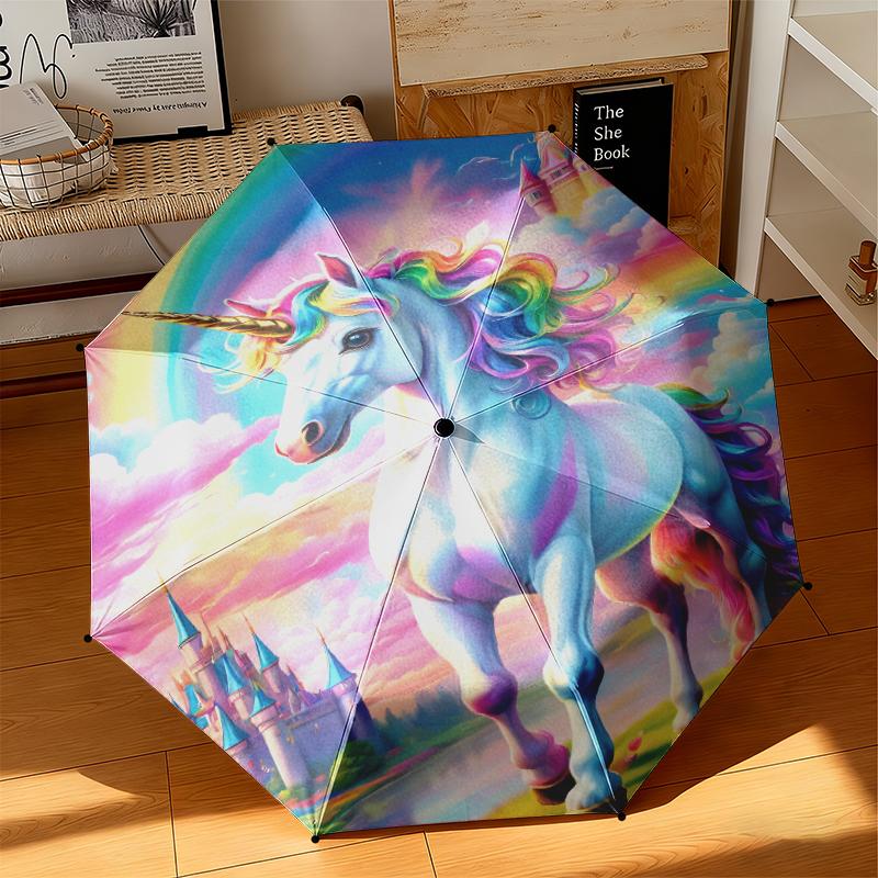 1pc Dreamy Rainbow Unicorn Umbrella Portable Folding Umbrella Iron Frame Hole Bone Structure Outdoor Home Umbrella
