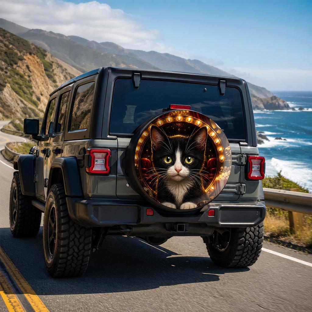 1pc Cute Cat-Themed Printed Car Tire Cover, Fashionable Universal Hubcap Protector, Spare Tire Protection, Perfect Fit, Easy Ins