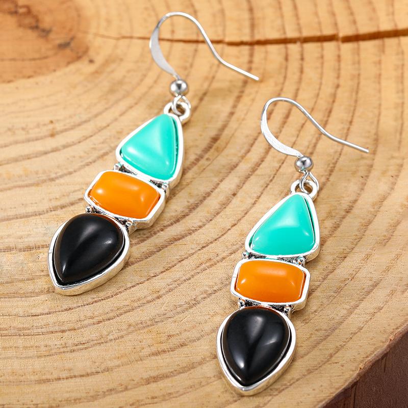 Vintage Bohemian Geometric Irregular Faux Stone Resin Women's Dangle Earrings Tibetan Statement Hook Wedding Party Jewelry