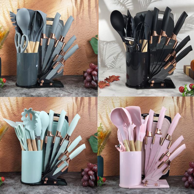 19-Piece Non-Stick Silicone Kitchen Utensil Set with Knives and Storage Bucket