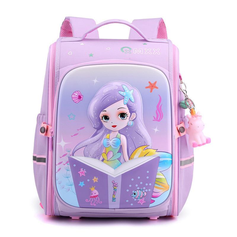 Adorable Mermaid Print School Backpack Breathable And Waterproof For Grades 1-3 Purple Mermaid