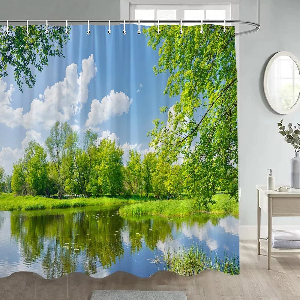 Forest Shower Curtains Sunshine Green Trees Plants Brown Window Nature Landscape Polyester Bathroom Curtain Set Decor with Hooks