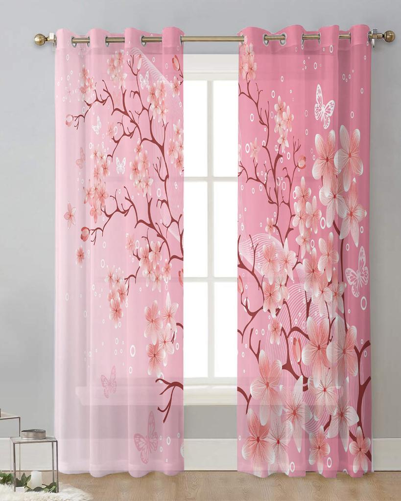Pink Cherry Blossom Flowers Butterfly Sheer Curtains for Living Room Decoration Window Curtains Kitchen Tulle Voile Curtains