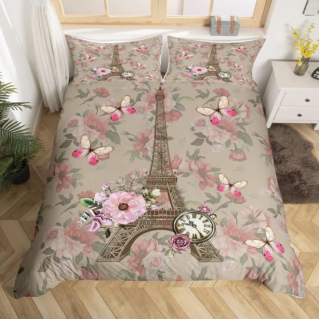 Eiffel Tower Bedding Set Twin Queen Pink Cherry Blossom Duvet Cover Romantic Theme Butterfly Print Comforter Cover for Girl Boys