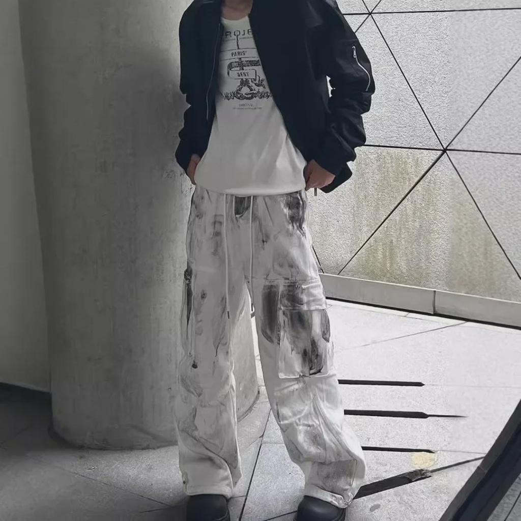 Unisex White Tie-Dye Straight-Leg Multi-Pocket Jeans