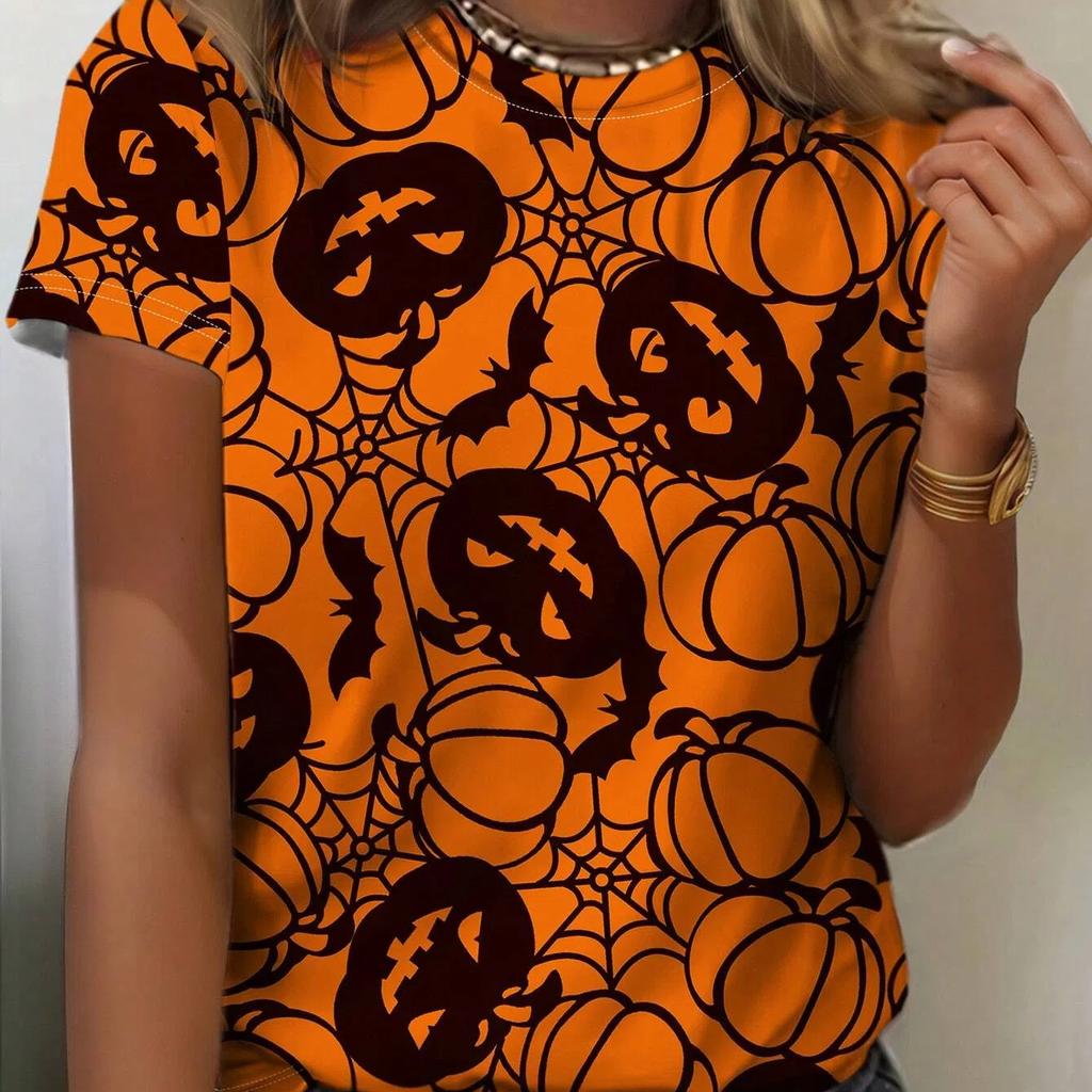 Halloween Kürbisse & Katze Grafikdruck Damen T-Shirt Damen T-Shirts Oversize T-Shirt Sommer Damenbekleidung Kurzarm Mode