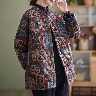 Women's Winter Ethnic Style Warm Jacket Retro Buckle Loose Top Solid Color Long Sleeve Jacket