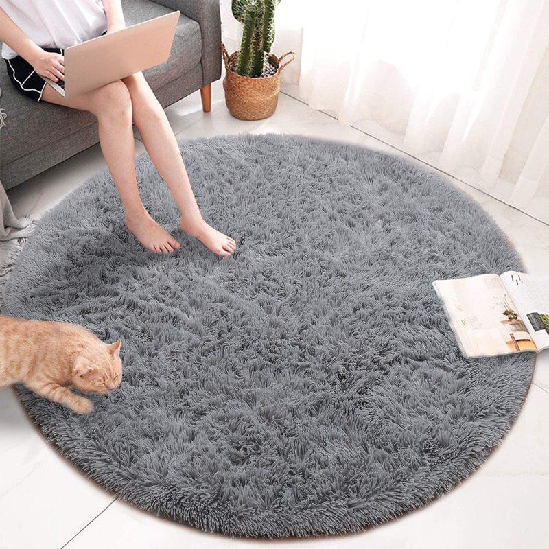 Super Soft Round Shaggy Fur Area Rugs Anti-Skid Fluffy Kids Boy Girls Room Rug Playing Mat