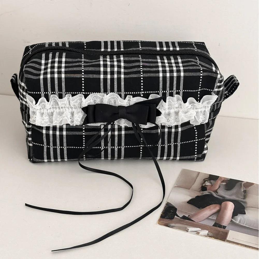 Sweet Causal Black White Checkered Makeup Bag for Schoolgirl Lace Korean Ins Style Large Cosmetic Case Cute Travel Organizer