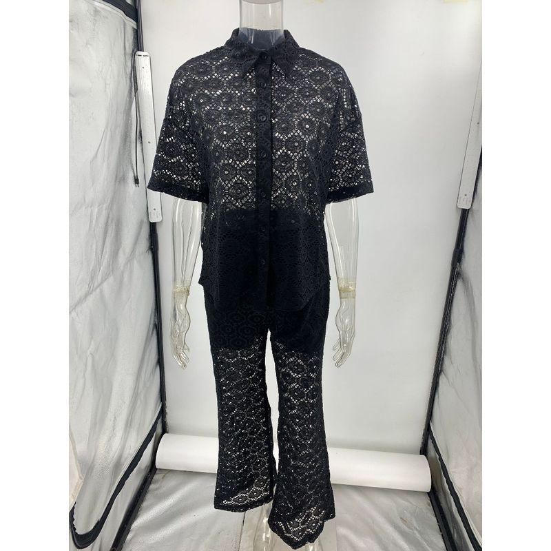 2025 New Fashion Lapel Hollow Lace Short sleeve Top Breasted Shirts Trousers Vacation Set Lace Suit