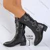 Fashion Comemore Autumn Winter New Pointed Toe Mid-calf Boots Vintage Chunky Heel Belt Buckle Western Knight Gothic Black Women Shoes