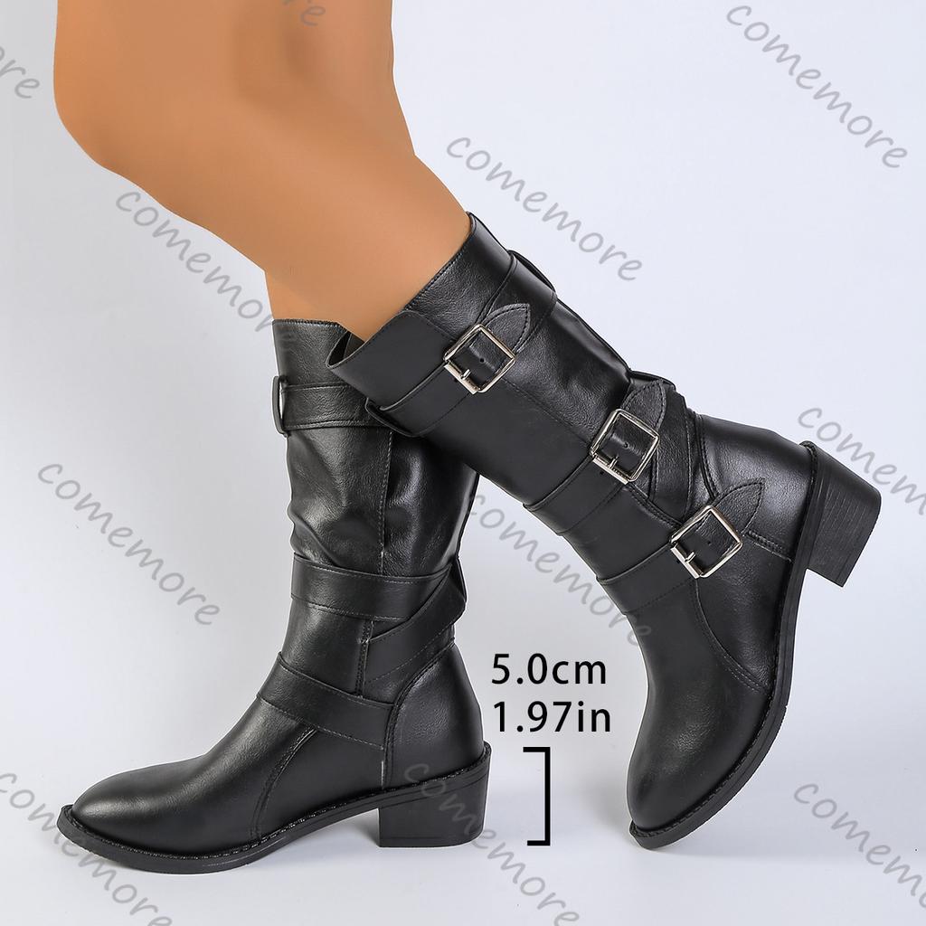 Fashion Comemore Autumn Winter New Pointed Toe Mid-calf Boots Vintage Chunky Heel Belt Buckle Western Knight Gothic Black Women Shoes