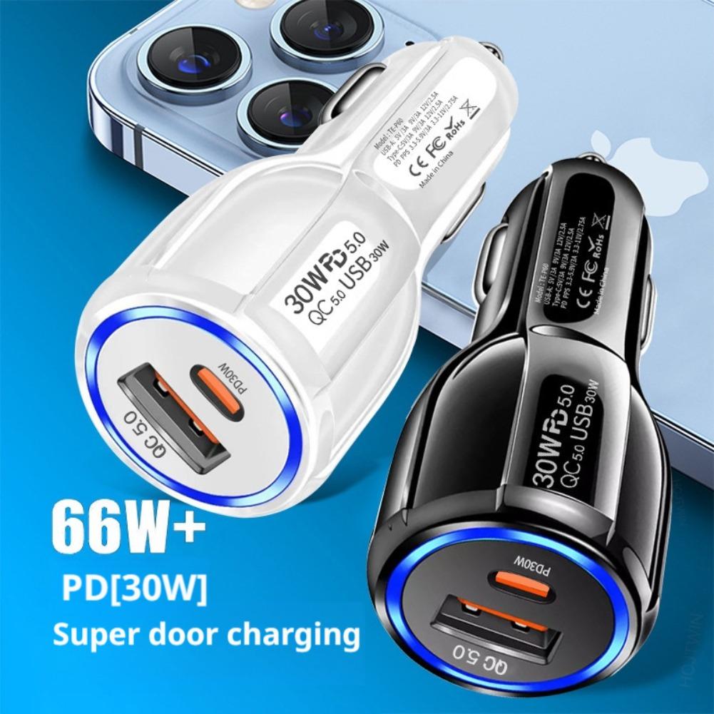 QC 3.0 & PD 12W 30W 2 Ports Car Charger Fast Charging Car Cigarette Lighter Flash Charge For Phones Car Adapter Socket