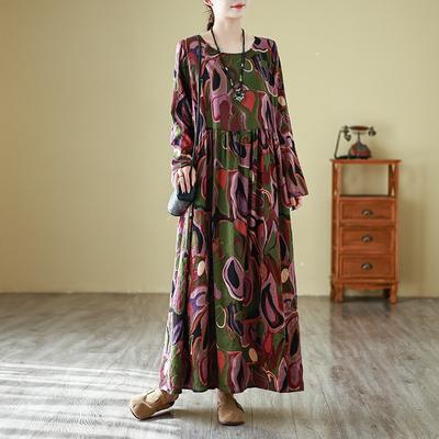 Herbstlich Literarisch Übergröße Lockerer Druck Rundhals Langarmkleid Damen Vintage Floral Bedruckte Lange Kleider