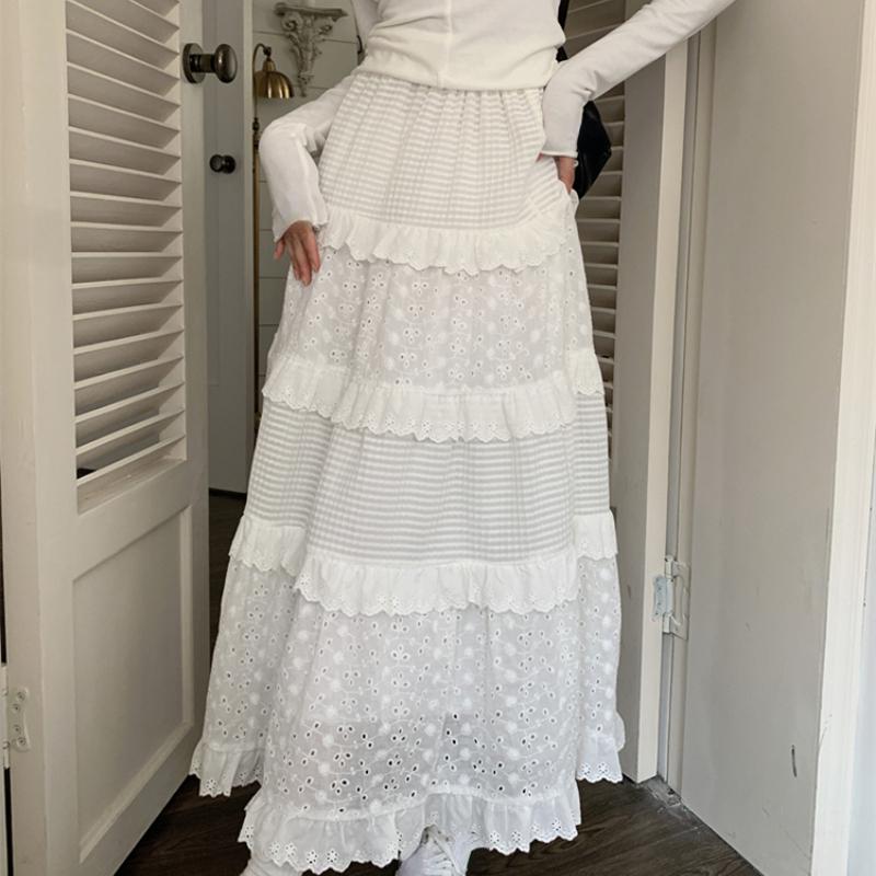 Vysoce kvalitní bílé roztomilé sukně pro ženy letní s vysokým pasem áčková sukně dlouhá sukně háčkovaný květ