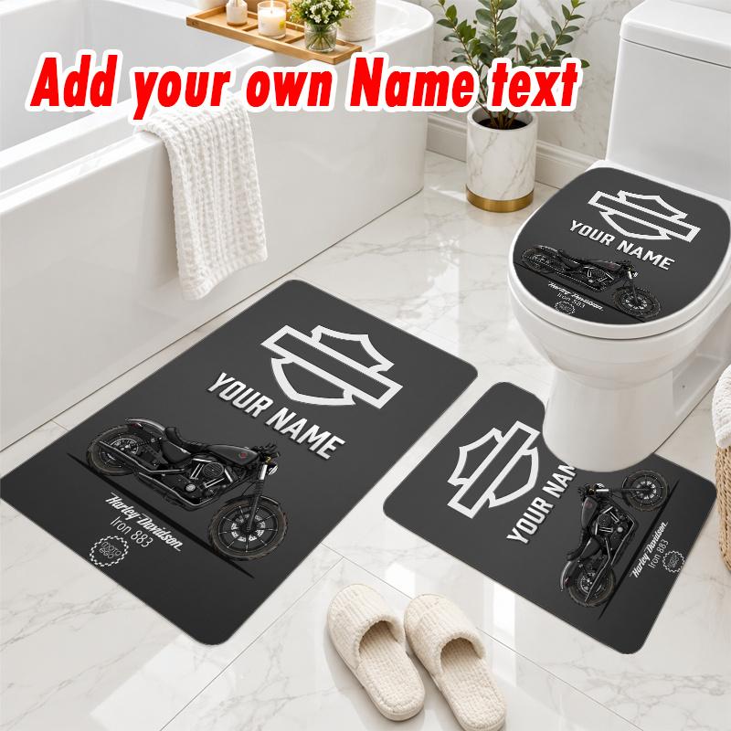 Personalized Harley-Davidson 3Pcs Flannel Toilet Mat Set Custom Text Bathroom Rug Non Slip