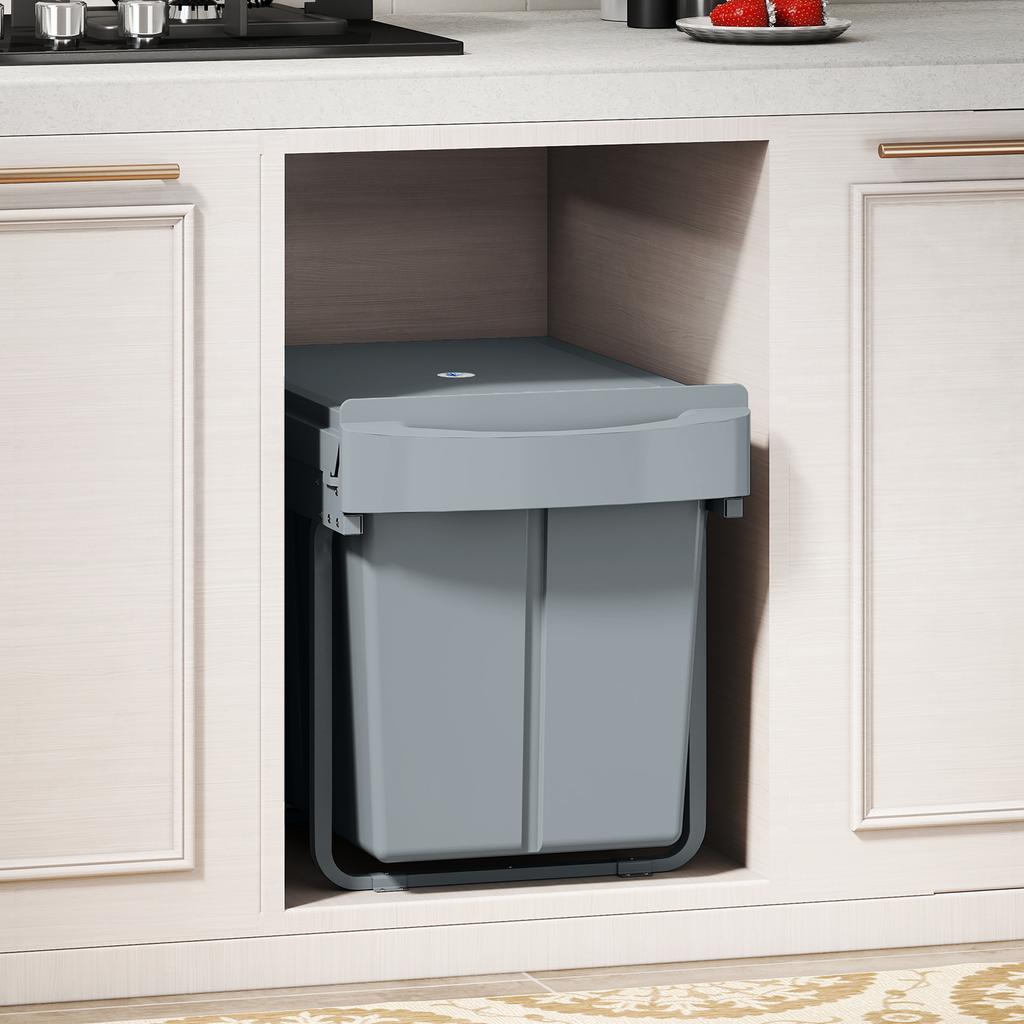 Pull Out Bin, Kitchen Under Sink Bin with 2 Removable Compartments, Smooth Glide, Grey