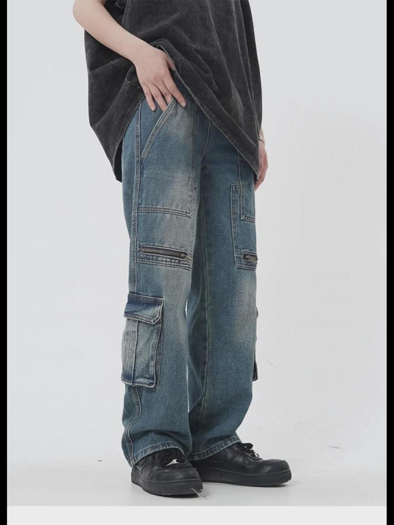 Unisex Retro High Street Pocket Jeans: Loose, Wide-Leg, Straight Fit Workwear for Couples