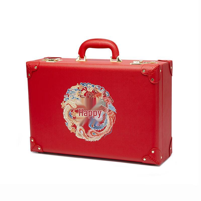 OEING 12-inch Red Wedding Dowry Jewelry Box with Dragon & Phoenix Embroidery