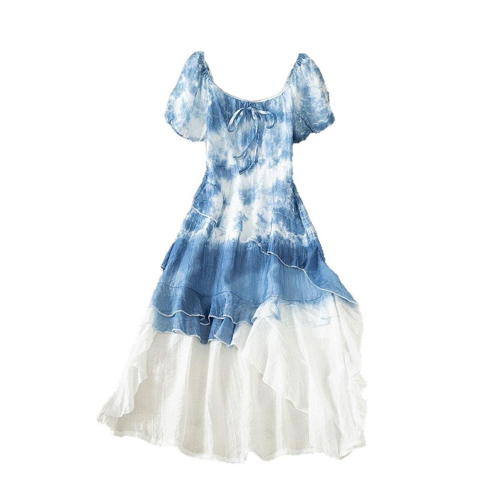 French Style Lotus Leaf Waist-Cinching Tie-Dye Dress - Short-Sleeved, Mid-Length Summer Skirt