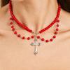 Vintage Gothic Metal Cross Pendant Necklace, Red Imitation Pearl Beaded Collarbone Chain Necklace