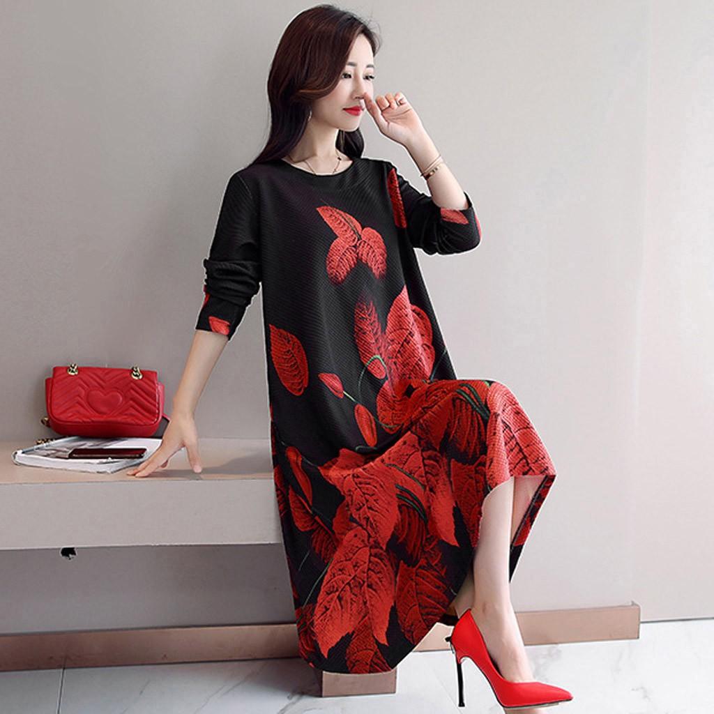 Fashion Casual Women Long sleeve Long Dress  Printed Loose Dress