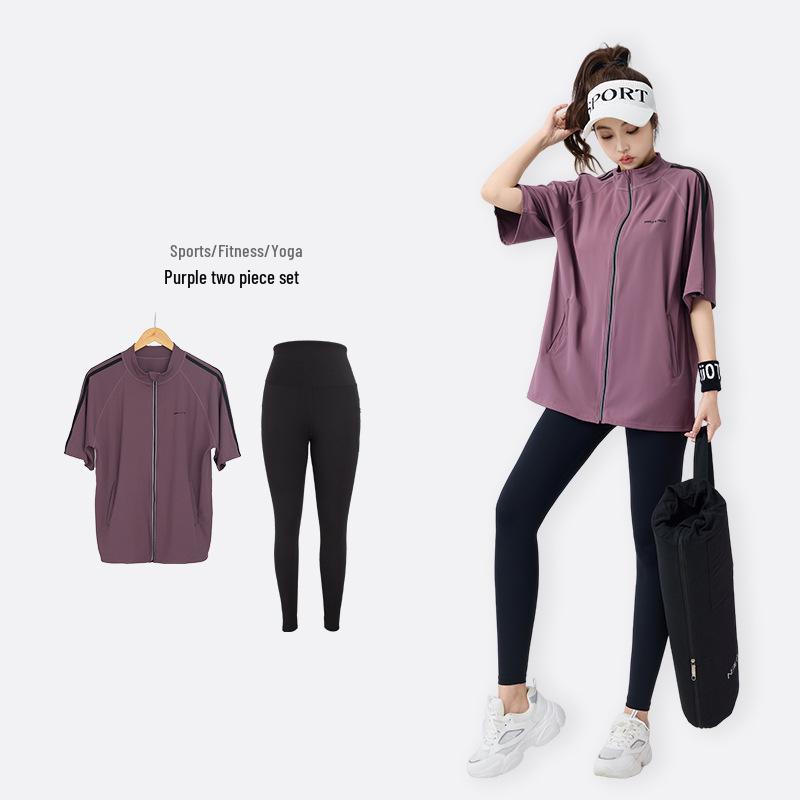 2026 New Arrival Plus Size Slimming Three-Piece Fitness Set: Short Sleeve Zipper Top, Belly Covering, Tapered Leg Pants