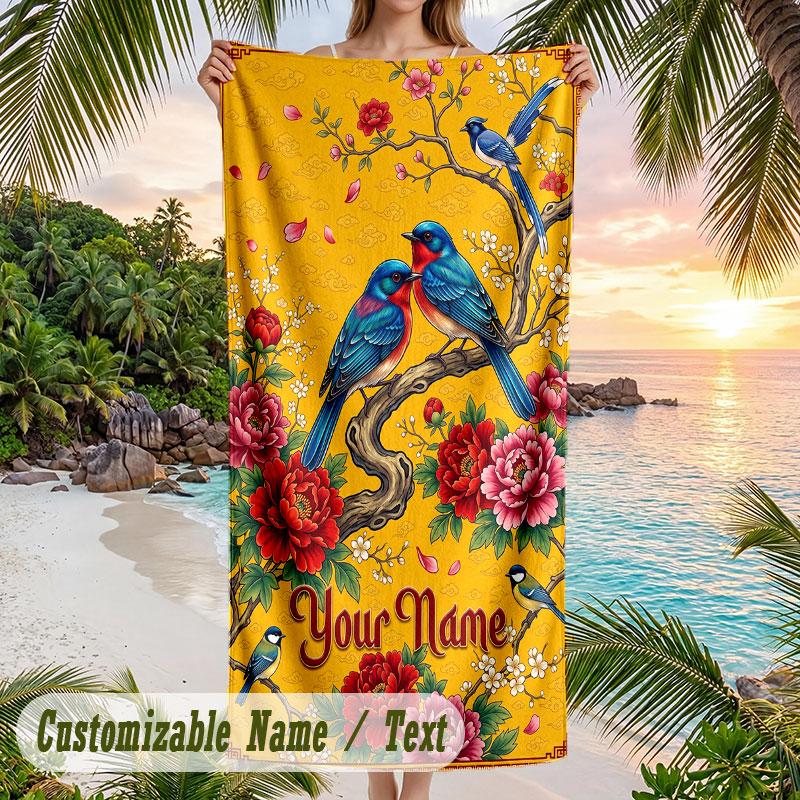 Birds Flowers Garden 2 Theme Quick Dry Beach Towel Custom Name Text Print Large Sand Resistant Towel Beach Vacation