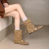 Autumn and winter new round head soft leather thin boots inner height increase short boots women's metal buckle temperament high heel white boots