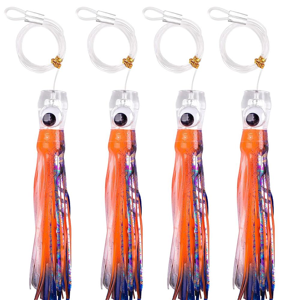 4Pcs 68g/107g Fishing Lures Saltwater Trolling Lures Rigged Squid Skirt with Leader Line Shark Hooks for Marlin Tuna Wahoo